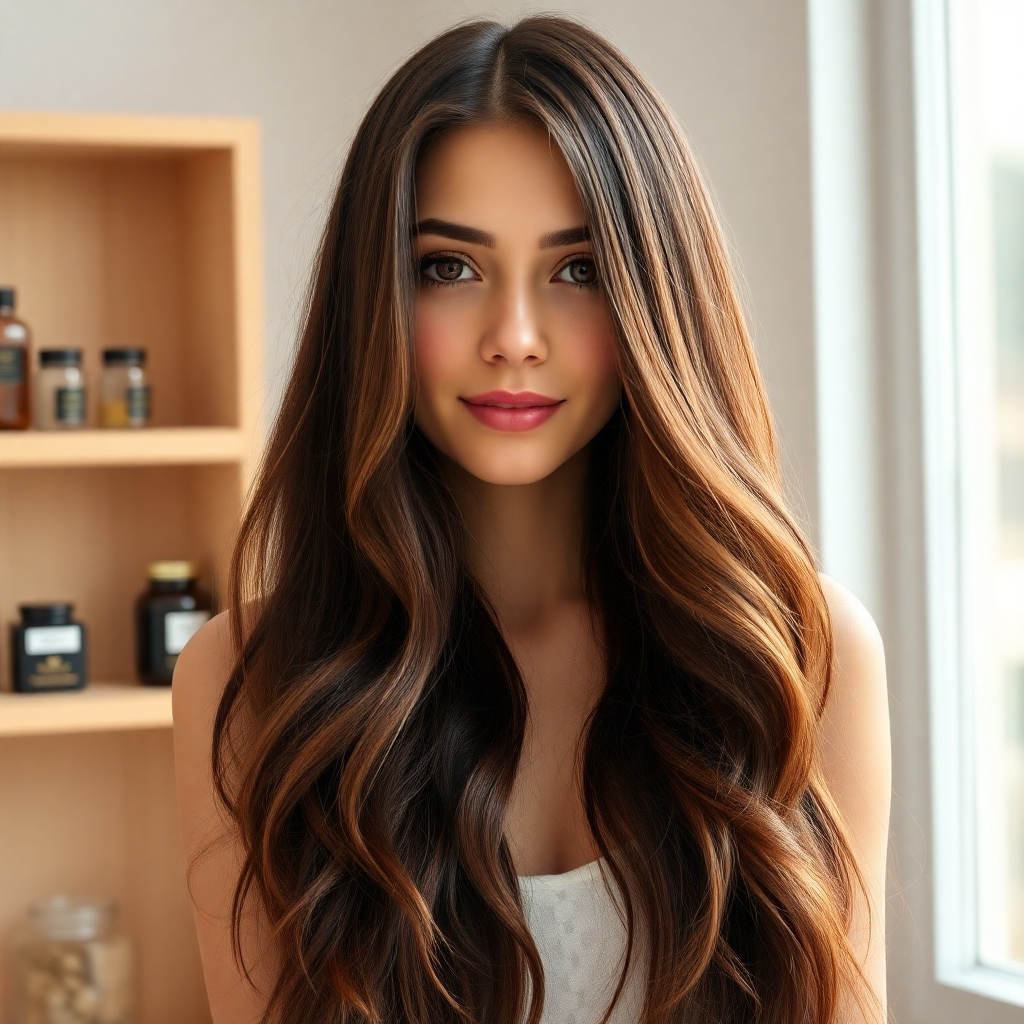 A photorealistic image, 8K resolution, depicting a young woman with long, thick, healthy, dark brown hair.  The lighting is soft and natural, perhaps from a large window, creating a gentle glow on her hair.  The color palette is rich and warm, featuring various shades of brown with hints of auburn highlights.  The background is a minimalist yet elegant setting, possibly a light wooden shelf with small apothecary jars containing herbs and oils visible in soft focus.  The camera angle is slightly below her, looking up at her hair; this shows its length and volume.  The hair has a visibly healthy shine and texture, demonstrating the positive effects of the treatment.  The overall mood is one of natural beauty and confidence.  Style reference:  Images of hair from high-end hair product advertisements.  The image should convey a sense of effortless elegance and showcase the vibrancy and health of her hair with intricate detail – showcasing individual strands and their texture.  Technical specifications: Hyperrealistic, ultra-detailed, 8K resolution.