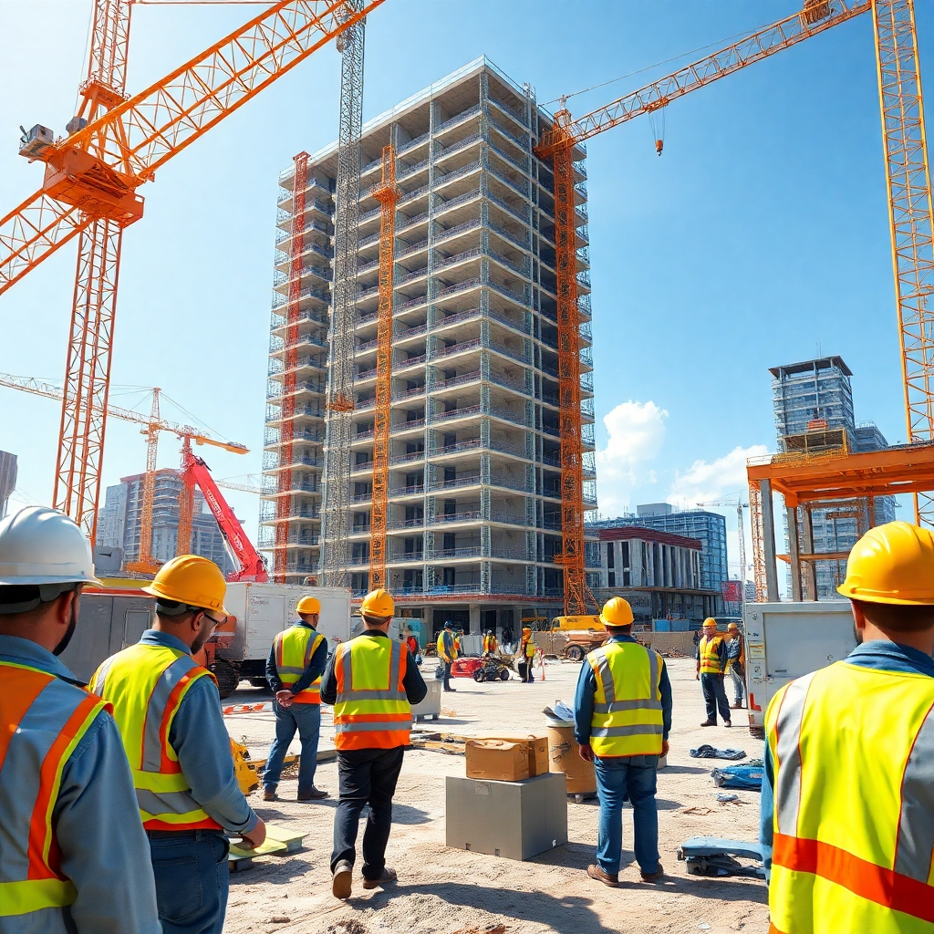 A photorealistic image depicting a construction site bustling with activity, showcasing skilled workers using modern equipment.  The image should emphasize organization and efficiency, with clear signage and safety measures in place.  The background should show a partially completed modern high-rise building, showcasing high quality craftsmanship. The lighting should be bright and clear, highlighting the details.