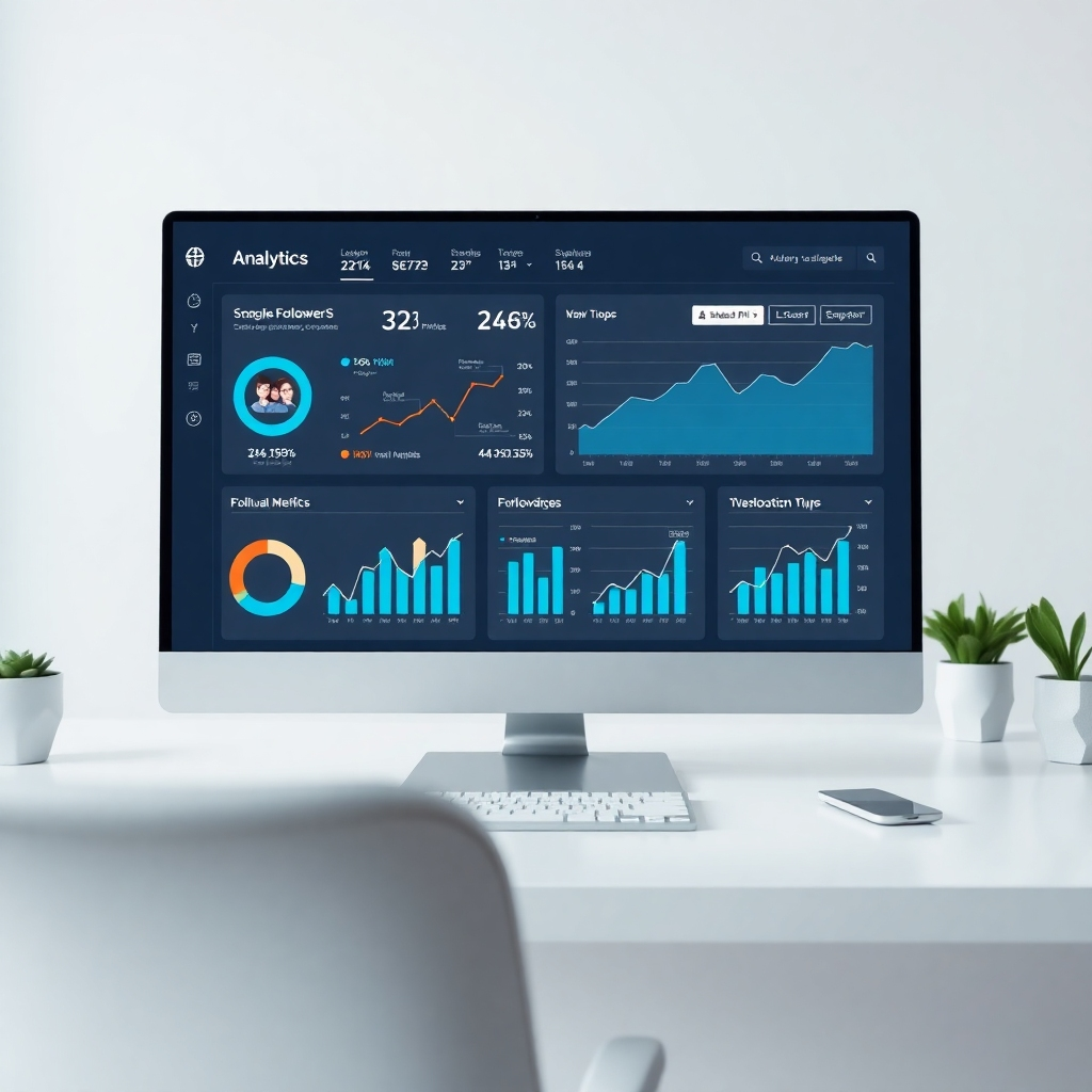  A photorealistic image depicting a sleek dashboard interface displaying key social media analytics. The dashboard should be clean and modern, with visually appealing charts and graphs illustrating key metrics such as follower growth, engagement rates, and website traffic. The data should be positive and showcase a clear upward trend, reflecting a successful social media campaign. The background should be a clean, minimalist workspace suggesting professionalism and competence.