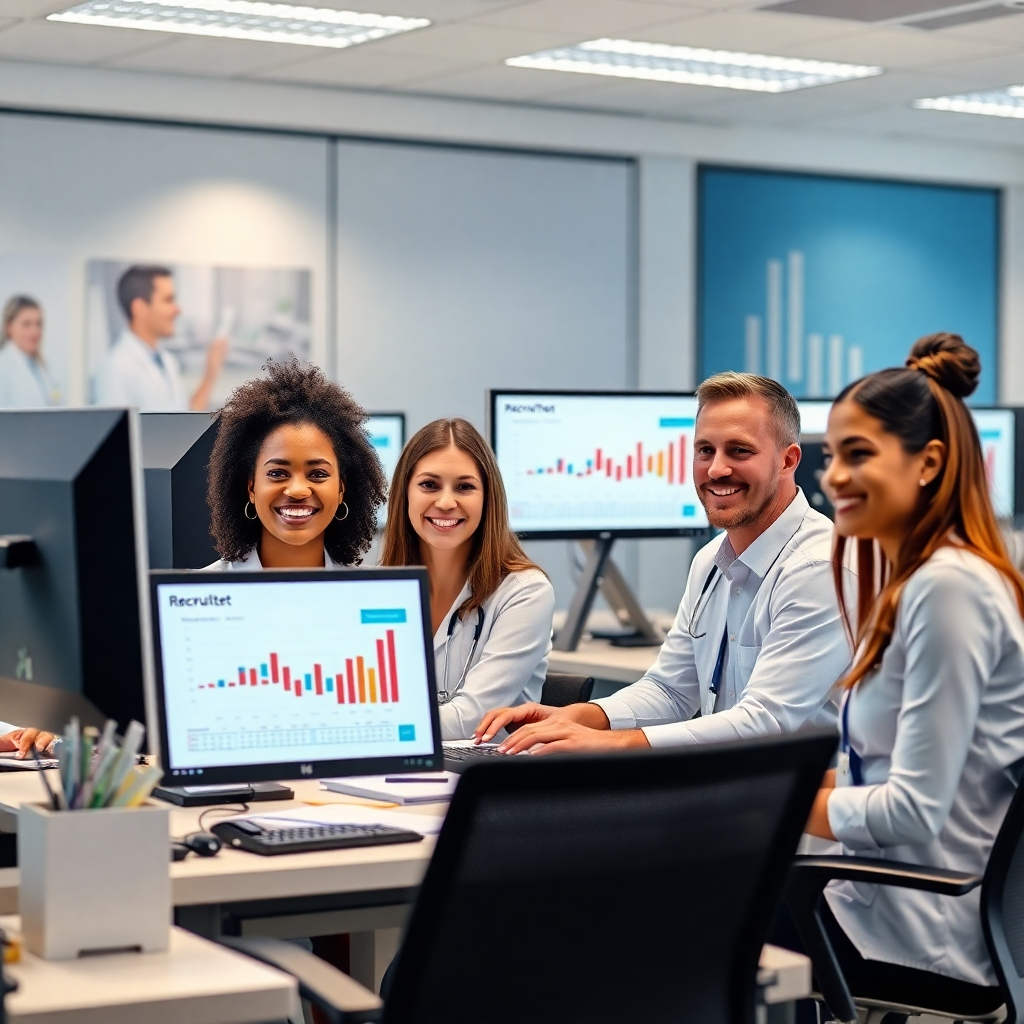 A photorealistic image depicting a clean, modern office space with a diverse team of friendly, professional recruiters working collaboratively on computers.  The image should feature charts, graphs and other data visualizations on monitors, subtly suggesting data-driven decision making and efficiency.  The background should include subtle hints of a healthcare theme, perhaps through imagery on the walls or desk organizers.