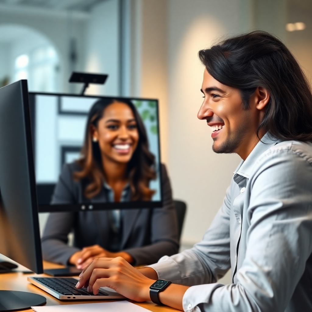 A photorealistic image depicting a friendly, professional social media manager smiling warmly and engaging in a video conference with a client. The background should suggest a modern, well-lit office. The client, visible on the screen, should also appear happy and confident.  The image should communicate trust, collaboration, and a positive client-agency relationship.