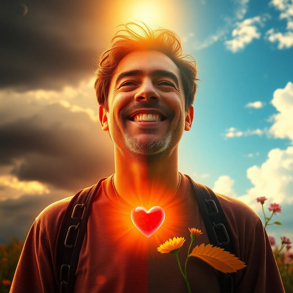 A photorealistic image depicting a person with a heavy heart and burdened expression, gradually transforming into a radiant and joyful individual, bathed in warm, golden light. The background should subtly transition from dark and stormy to bright and clear skies. Include subtle symbolic elements such as broken chains dissolving into light, or a withered plant blossoming into vibrant flowers.