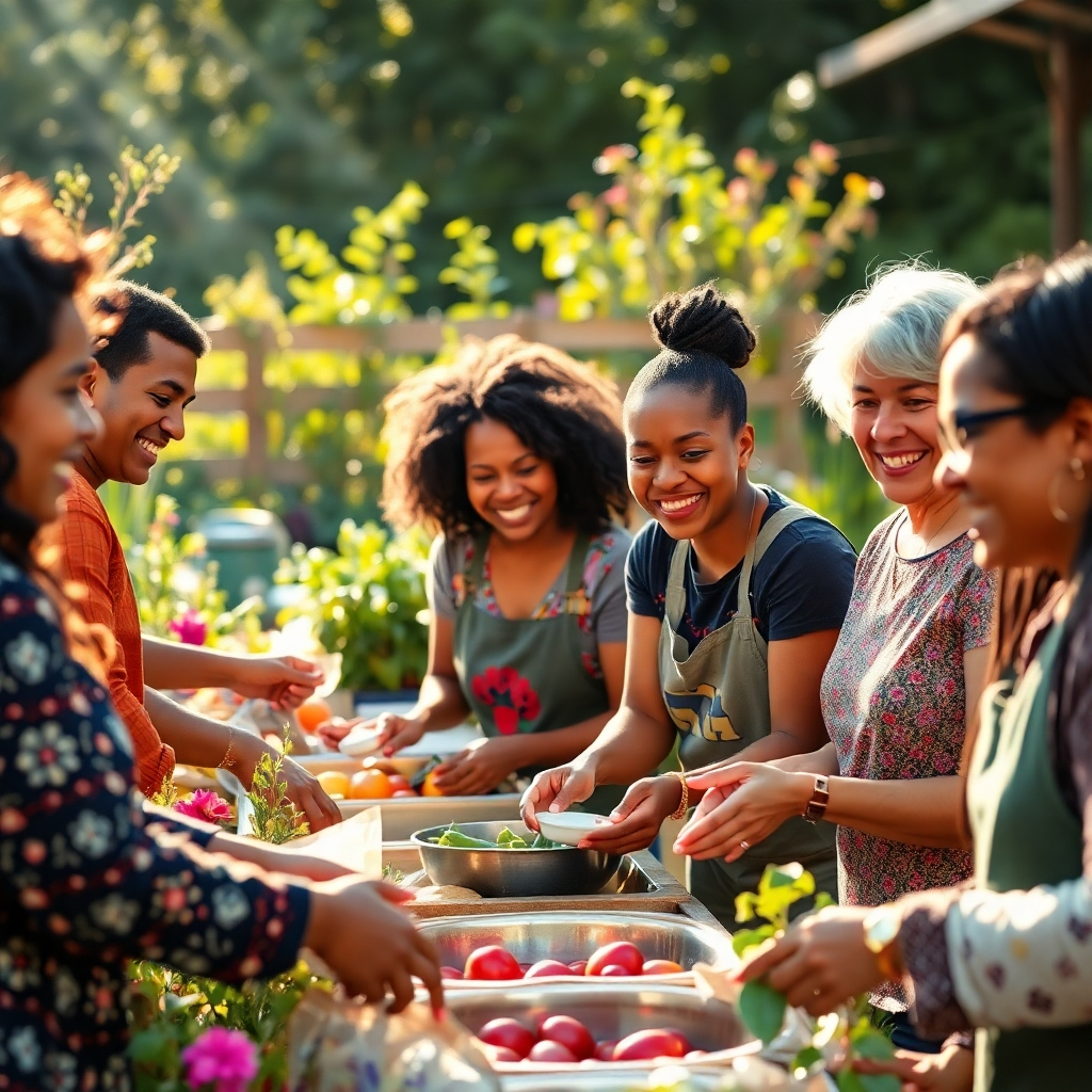 A photorealistic image depicting a diverse group of people joyfully engaged in acts of service to others.  The setting could be a vibrant community garden, a bustling soup kitchen, or a team working on a community project.  The image should emphasize genuine smiles, collaboration, and positive energy.  Include subtle symbolic elements such as rays of sunlight or a gently flowing stream representing life and hope.