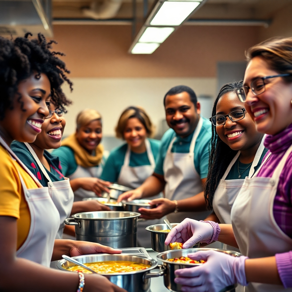 A photorealistic image depicting a diverse group of volunteers working together at a soup kitchen, their faces filled with compassion and joy. The setting should be warm and inviting, with soft lighting, highlighting the positive impact of their service.  Focus on genuine expressions of care and teamwork. High resolution, 8k quality, detailed textures, cinematic lighting