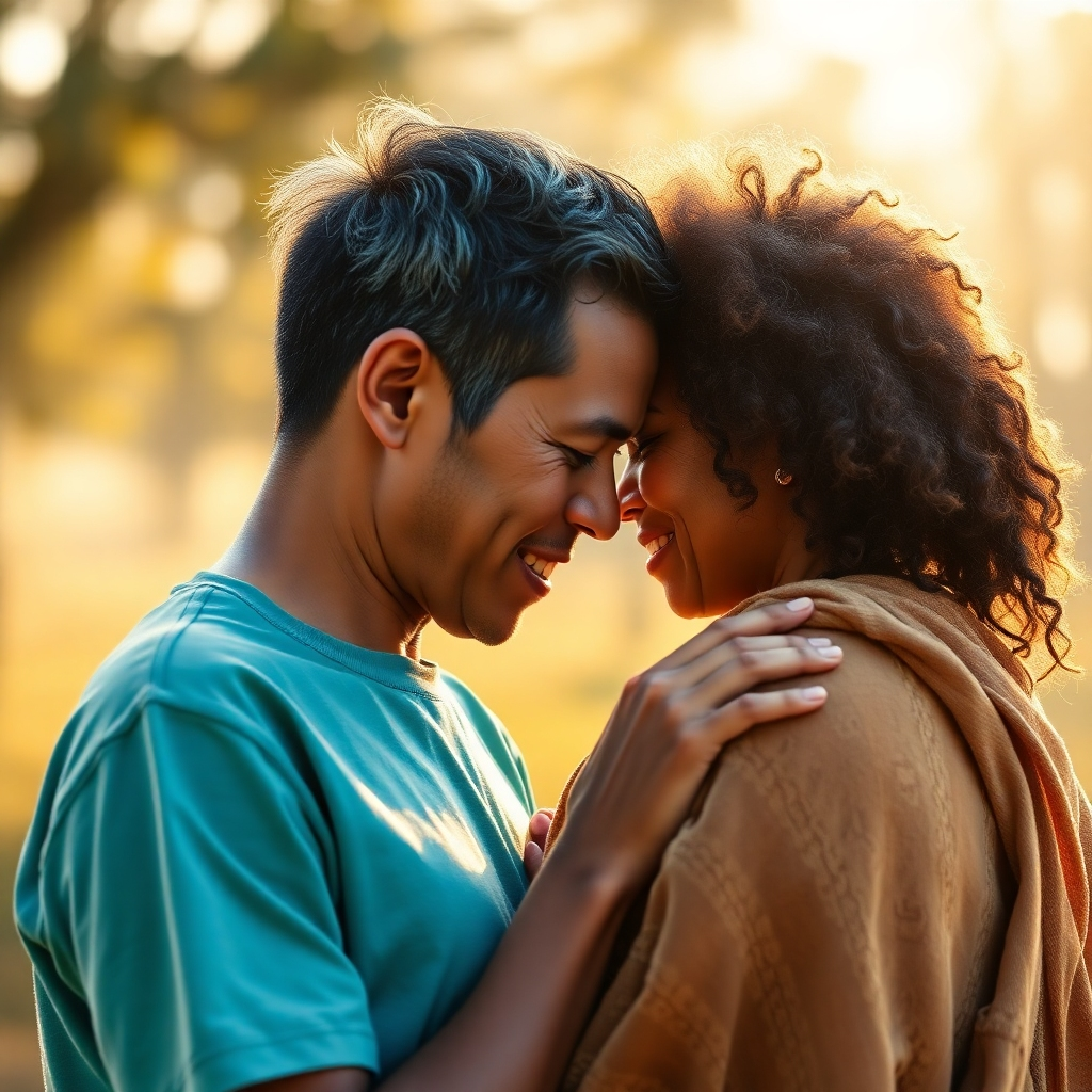 A photorealistic image depicting a person exhibiting acts of kindness and compassion towards another person in need.  The image should be bright and uplifting. The lighting should be natural and warm. The image should capture a moment of genuine connection between the two people. The image should be high resolution, 8k quality, with detailed textures and cinematic lighting