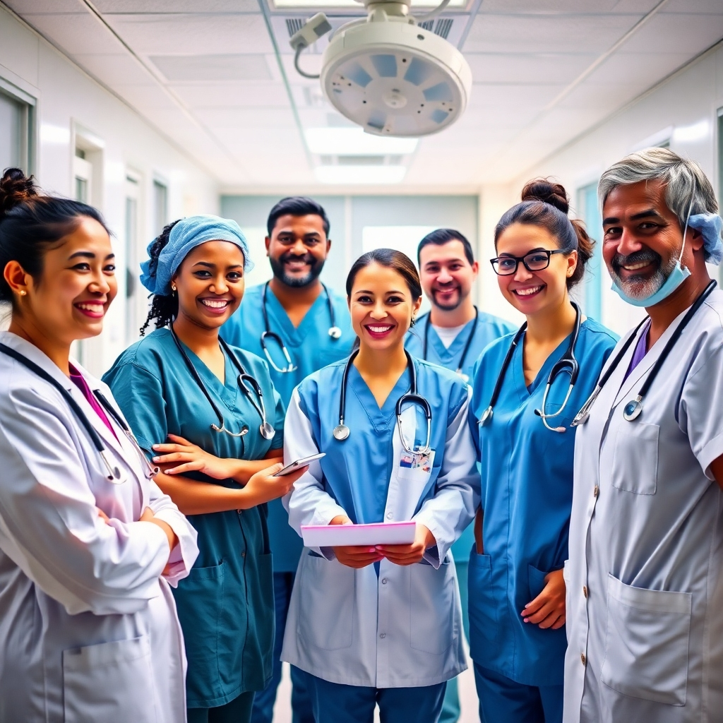 A photorealistic image depicting a diverse group of happy, professional healthcare workers (doctors, nurses, technicians) collaborating effectively in a modern, well-equipped hospital setting.  The image should convey teamwork, skill, and a positive atmosphere. Emphasize the expressions of dedication and care on their faces. Use warm, inviting lighting and a clean, sterile yet comfortable background.