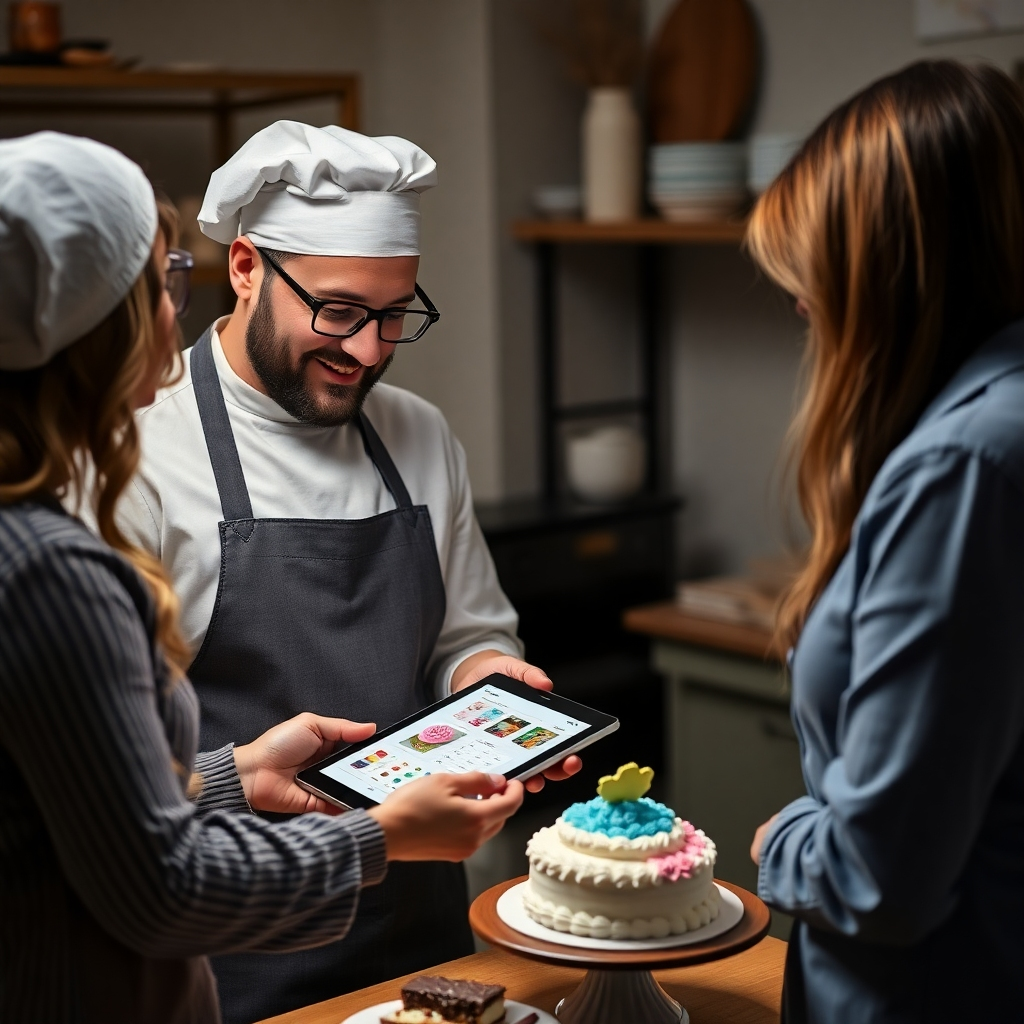 A photorealistic image of a baker consulting with a client, reviewing cake designs on a tablet. The scene should depict a friendly and collaborative atmosphere. Include sample cake decorations and color swatches. Use warm, inviting lighting. Style reference: Lifestyle photography. Technical specs: 4K, natural poses.