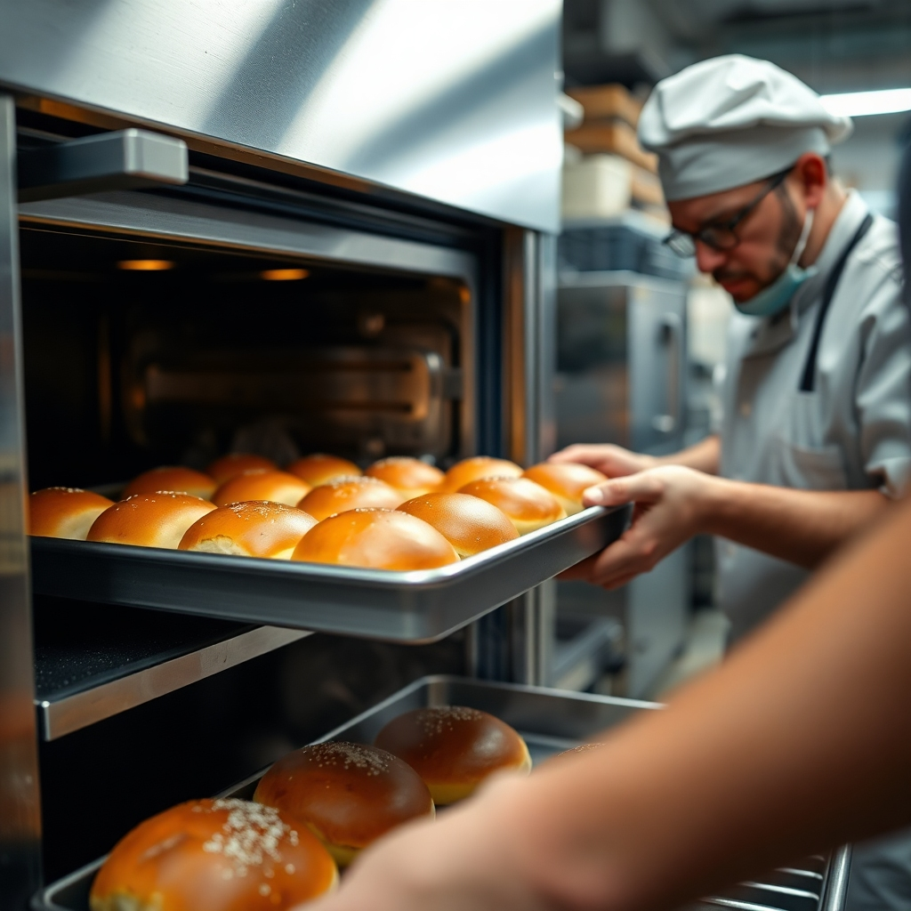 A photorealistic image of a baker pulling a tray of freshly baked bread rolls from a commercial oven. Focus on the steam rising from the rolls and the golden-brown color of their crusts. The background is a bustling bakery kitchen. Use warm, natural lighting. Style reference: Documentary-style food photography. Technical specs: 4K, dynamic range.
