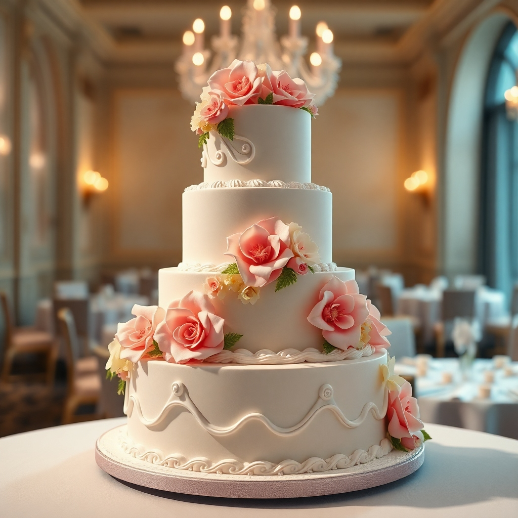 A photorealistic image of a beautifully decorated custom cake, suitable for a wedding or a special celebration. The cake should be multi-tiered, with intricate details like sugar flowers, fondant decorations, and delicate piping. The background is a blurred banquet hall setting. Use soft, romantic lighting. Style reference: Elegant cake photography. Technical specs: 4K, detailed textures.