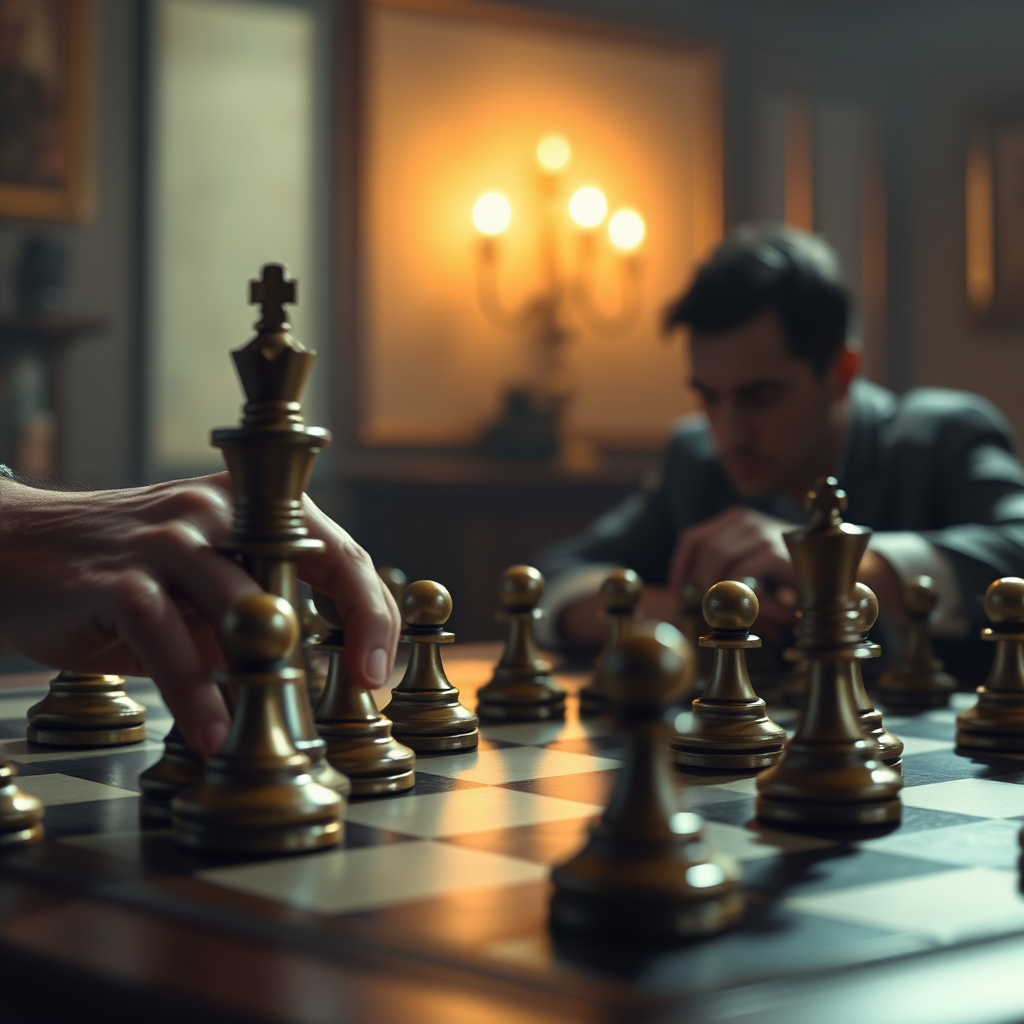 A photorealistic image of a chess game, with one player strategically positioning their pieces to gain an advantage. The scene should be set in a dimly lit room, with a focus on strategy and tactics.