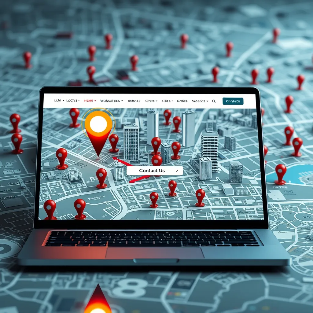A photorealistic image of a city map with pins representing businesses, highlighting a single business with a bright, glowing pin and an arrow pointing towards it. In the background, a laptop displaying a website with a prominent 'Contact Us' button. The image should exude a sense of growth and opportunity.