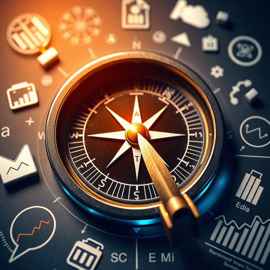 A photorealistic image of a compass pointing towards a clear destination, surrounded by digital icons and charts, symbolizing the strategic guidance provided by our services.