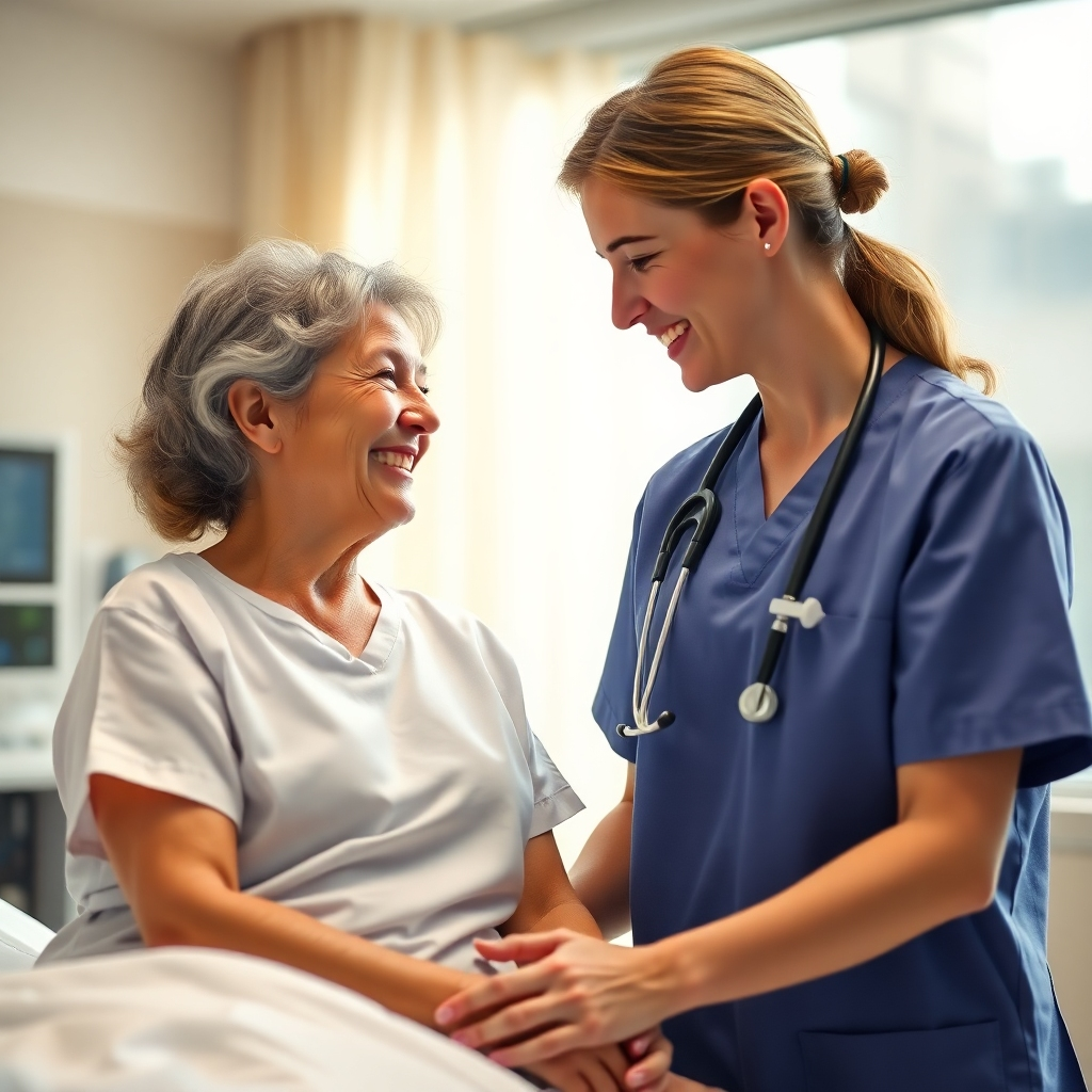 A photorealistic image of a compassionate nurse gently interacting with a smiling patient in a bright, comfortable hospital room.  The image should focus on the positive, human connection between caregiver and patient. The background should subtly show advanced medical technology, creating a balance of high-tech care and human compassion. The lighting should be soft and natural.