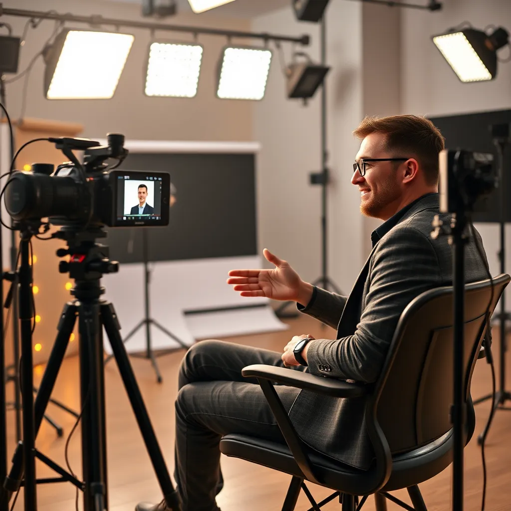 A photorealistic image of a content creator sitting in a well-lit studio, recording a video about a topic related to online business. The creator is wearing a confident and professional outfit, interacting with the camera and showcasing their passion. The background is a clean and modern studio setting with professional lighting and equipment.