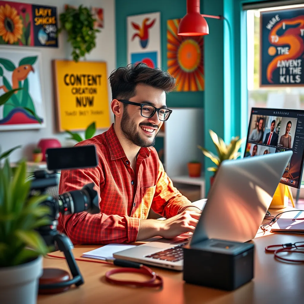 A photorealistic image of a creative individual working on a content creation project in a vibrant, inspiring workspace. The person could be writing a blog post, editing a video, or creating an engaging social media post.  The image should depict a creative atmosphere, with colorful accents, inspiring artwork, and a sense of energy and enthusiasm.  The person should be focused and engaged in their work,  with a positive and confident expression.  The image should incorporate high-quality visuals, such as modern laptops, professional cameras, and sleek editing software.  The composition should be dynamic and visually appealing,  showcasing the tools and techniques involved in content creation.  The image should be captured in a natural and authentic style, highlighting the individual's creativity and passion.  The lighting should be bright and natural,  enhancing the colors and textures of the scene.  The overall mood should be positive and uplifting,  inspiring viewers to explore their own creative potential and build a successful content creation business.