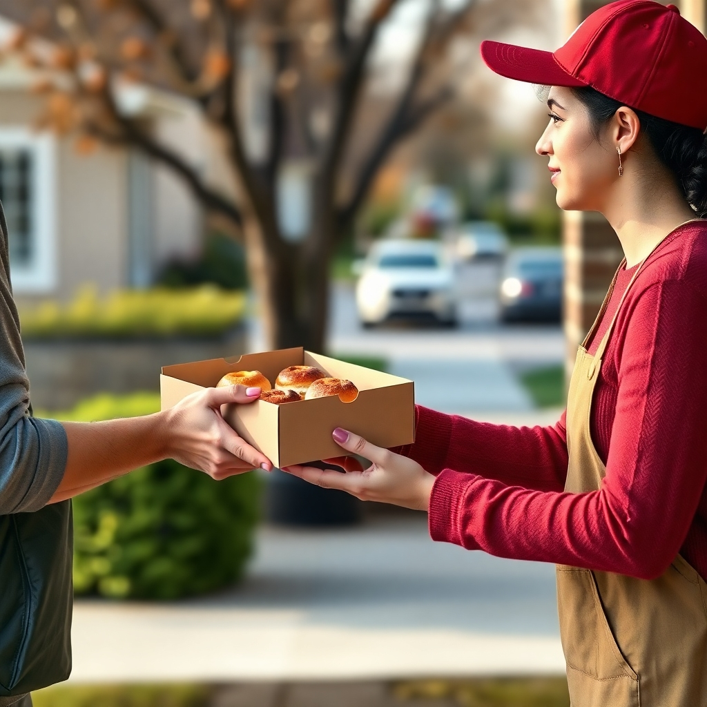 A photorealistic image of a delivery person handing a box of pastries to a customer at their doorstep. The focus is on the exchange and the anticipation of the treats inside the box. The background is a blurred suburban street scene. Use natural, daytime lighting. Style reference: Lifestyle photography. Technical specs: 4K, realistic details.