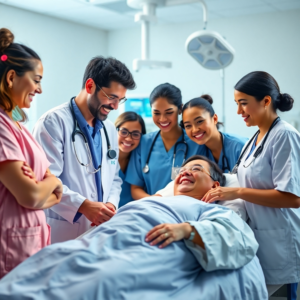 A photorealistic image of a diverse group of smiling healthcare professionals – doctors, nurses, and technicians – collaborating around a patient's bedside, showcasing a supportive and efficient team dynamic.  The setting should be a modern, well-lit hospital room, with advanced medical equipment subtly visible in the background. The overall mood should be positive and reassuring.