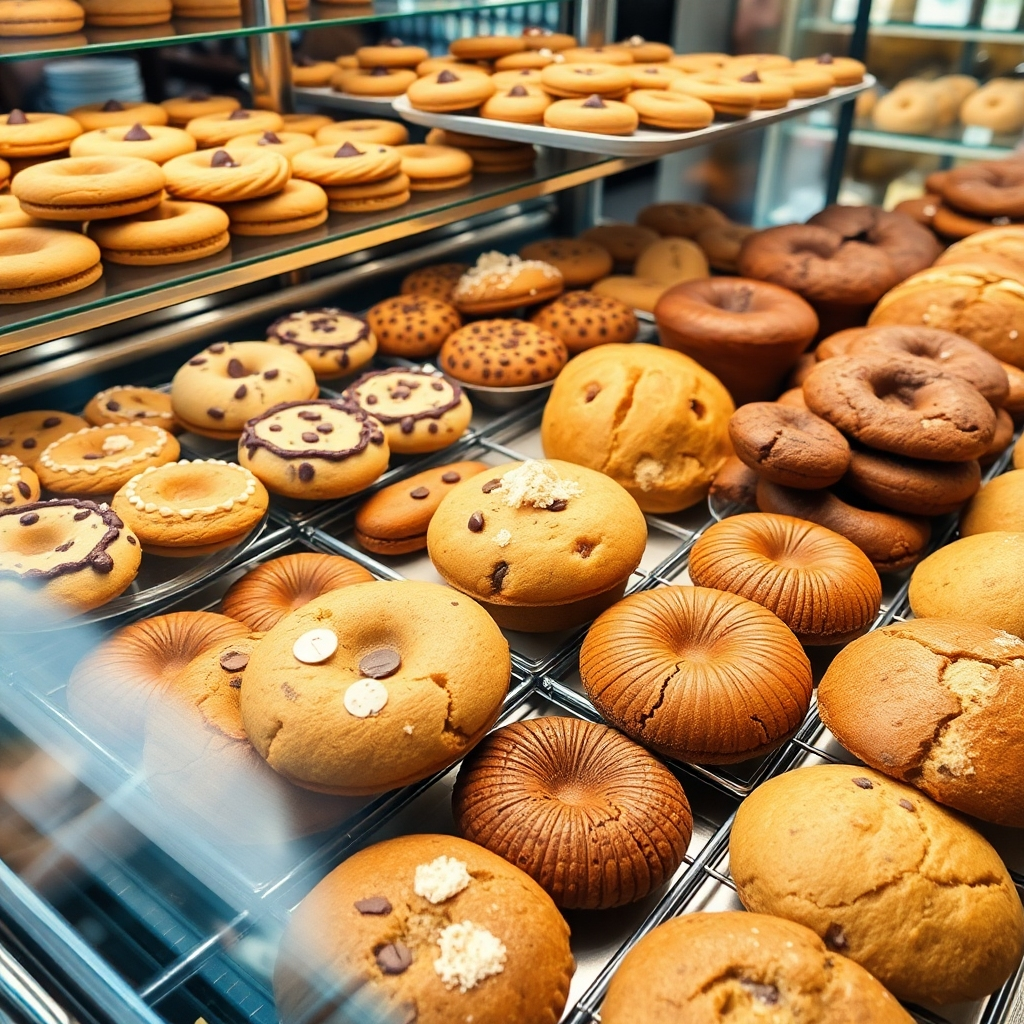 A photorealistic image of a display case filled with a variety of freshly baked cookies, pastries, and breads. Focus on the appealing textures and colors of the baked goods. Use bright, even lighting. Style reference: Classic bakery photography. Technical specs: 4K, detailed display.