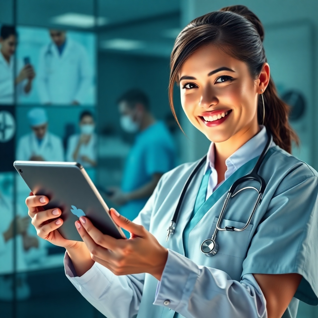A photorealistic image of a friendly staffing specialist using a tablet, showing a simplified, user-friendly interface for healthcare staffing. The background should subtly include images of medical professionals in action, symbolizing efficient placement. The overall feeling should be one of ease, speed, and technological advancement in healthcare staffing.