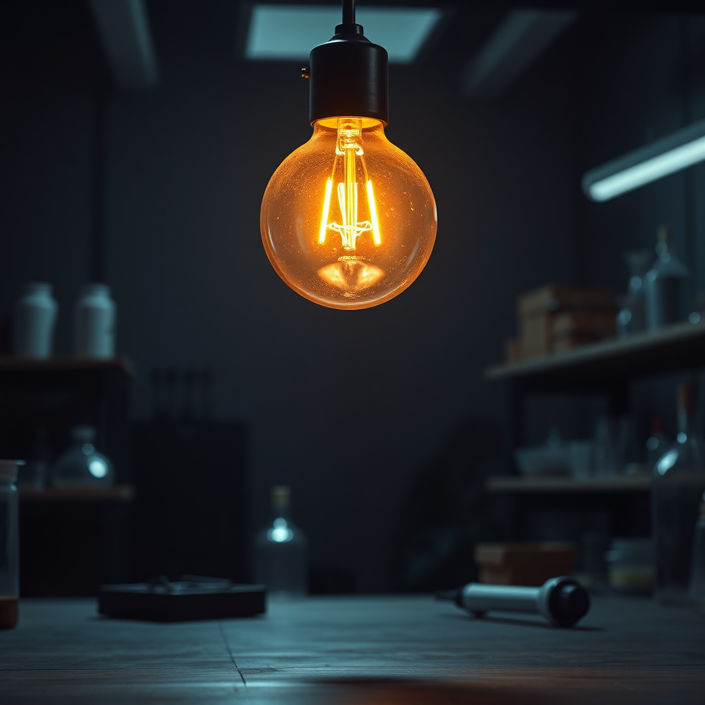 A photorealistic image of a lightbulb illuminating a dark room, symbolizing innovation and creativity. The scene should be set in a laboratory or workshop, with a focus on experimentation and discovery.