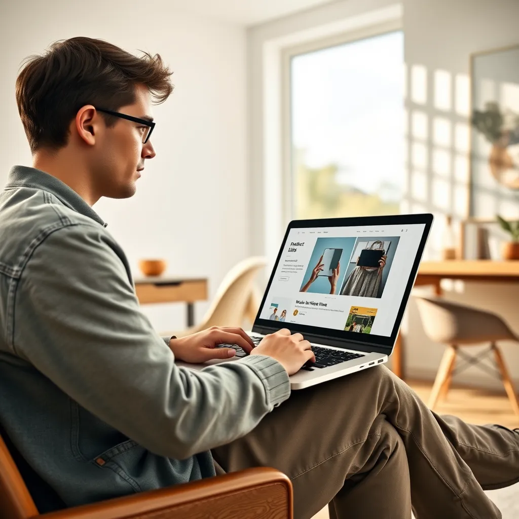 A photorealistic image of a person sitting at a laptop in a modern home office, with a bright, airy atmosphere.  The laptop screen displays a website with a product review and affiliate links. Soft, natural light streams in from a large window behind the person. The image should convey a sense of ease, confidence, and success.  The composition should be balanced and engaging, with the person looking directly at the laptop screen, their expression focused and determined. The image should have an 8K resolution and a high level of detail, with realistic textures on the laptop, clothing, and furniture. The color palette should be warm and inviting, with natural tones of wood, leather, and cream.  Incorporate elements of modern design in the background, such as a minimalist desk, a sleek chair, and a contemporary art print.  The image should be in the style of a lifestyle magazine, showcasing the benefits of a work-from-home lifestyle.