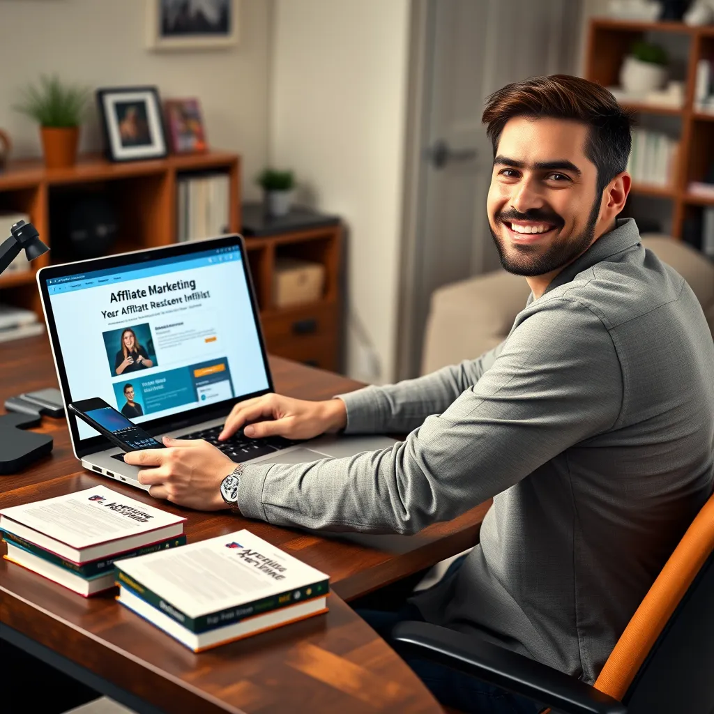 A photorealistic image of a person sitting at a desk with a laptop, phone, and several books about affiliate marketing. The laptop screen should display a website with a product review and affiliate links. The person should be smiling and looking at the camera, showcasing a sense of success and excitement. The background should be a home office environment with a comfortable and organized setup.