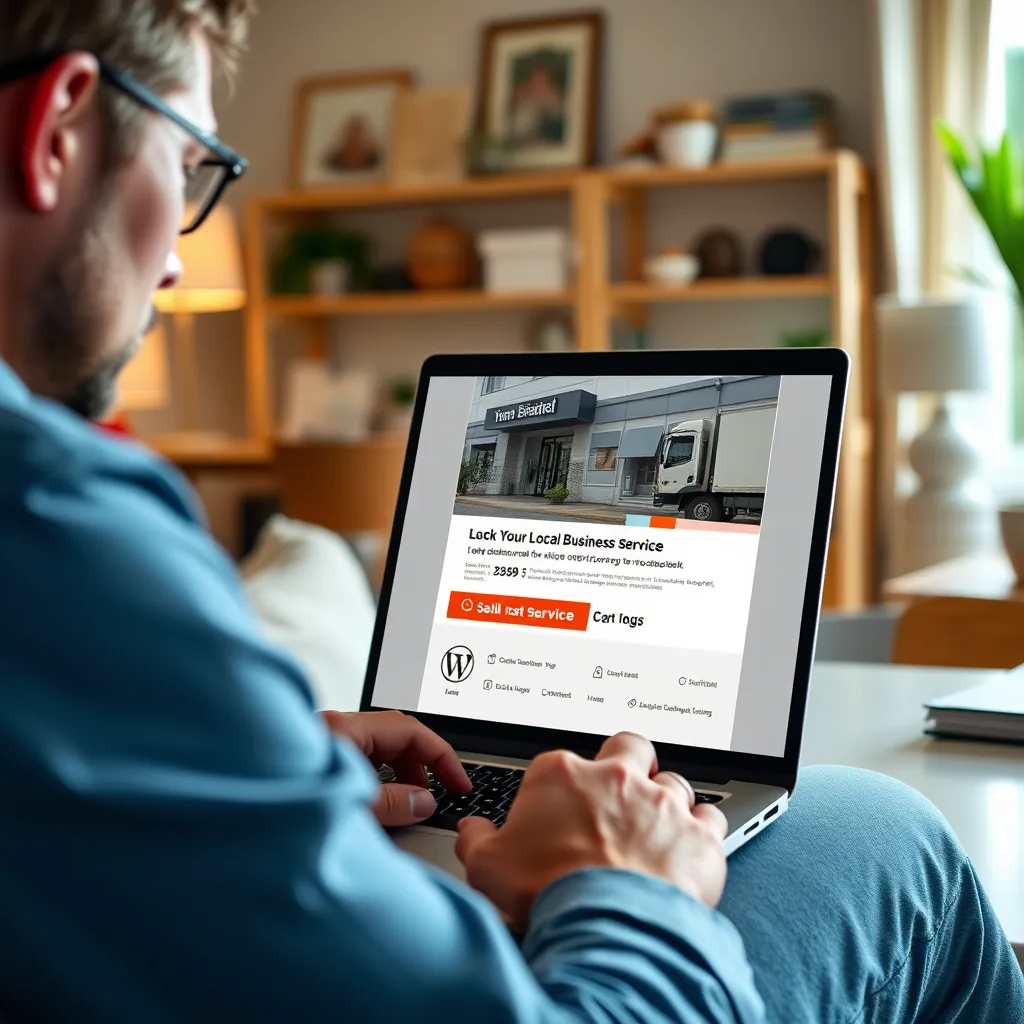 A photorealistic image of a person browsing their laptop, looking at a targeted advertisement promoting a local business service. The ad should be visually appealing and prominently display the business's logo and contact information. The background should depict a home office setting with a comfortable atmosphere. The image should convey a sense of interest and engagement.