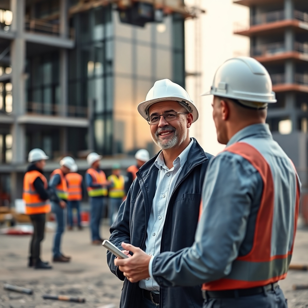 A photorealistic image of a project manager confidently addressing a client on a construction site, with a team of workers in the background diligently working on the building. The image should convey professionalism, transparency, and seamless project management.  The background should show a modern building under construction.
