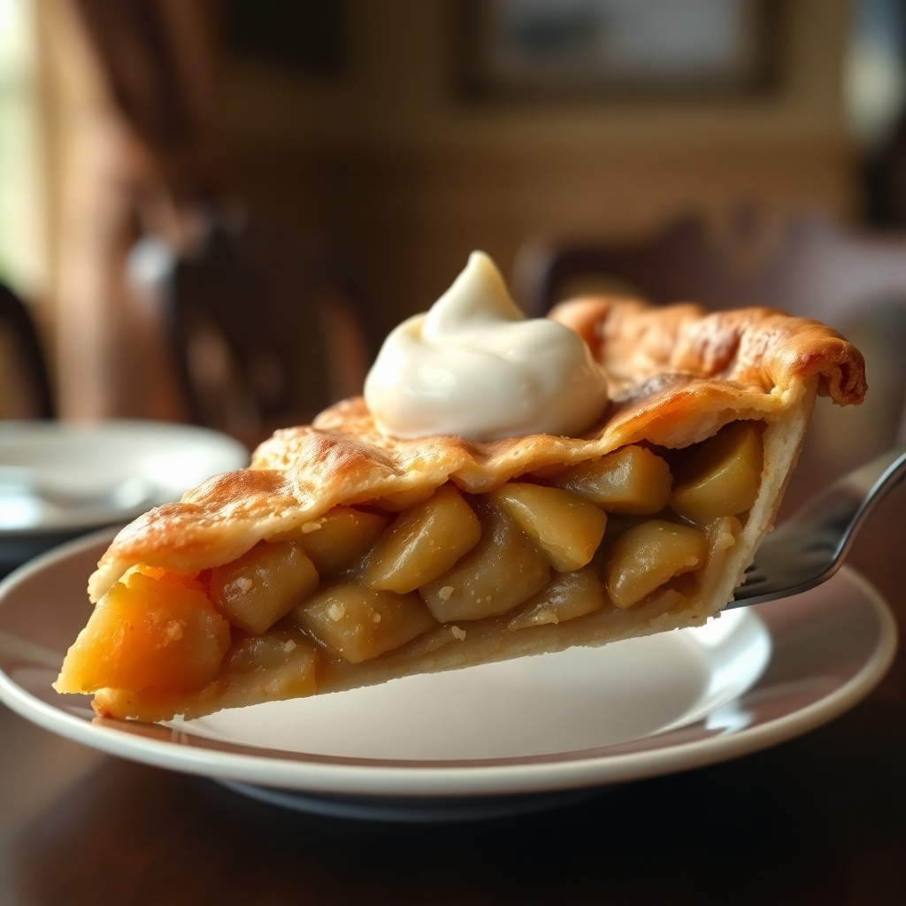 A photorealistic image of a slice of apple pie being served. The pie has a golden-brown, flaky crust and a generous filling of spiced apples. A scoop of vanilla ice cream melts slightly on top. The background is blurred, showing a cozy dining room setting. Lighting is warm and inviting. Style reference: Nostalgic, homey food photography. Technical specs: 4K, high detail.