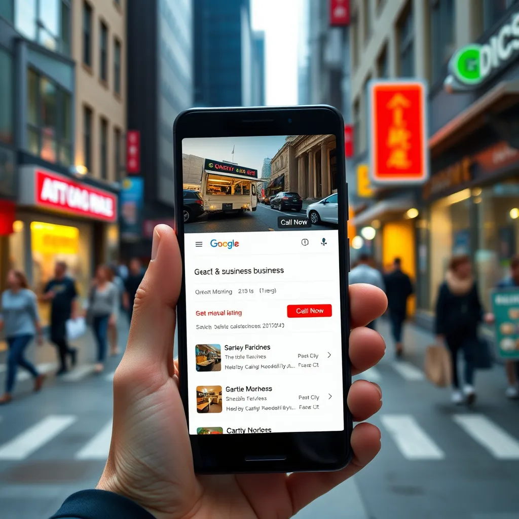 A photorealistic image of a smartphone displaying a Google search results page, showcasing a business's listing at the top of the page with a prominent 'Call Now' button. The background should depict a bustling city street with people walking and businesses operating. The image should convey a sense of prominence and visibility.