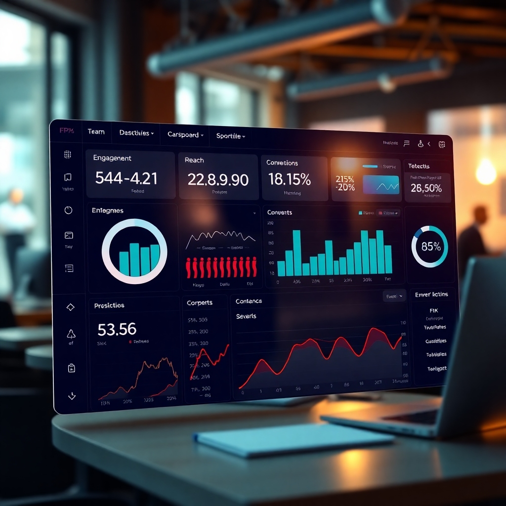 A photorealistic image of a social media dashboard displaying key performance indicators (KPIs) such as engagement, reach, and conversion rates.  The dashboard should be visually appealing and easy to understand, with positive trends highlighted. The background should subtly feature a team of social media experts collaborating.