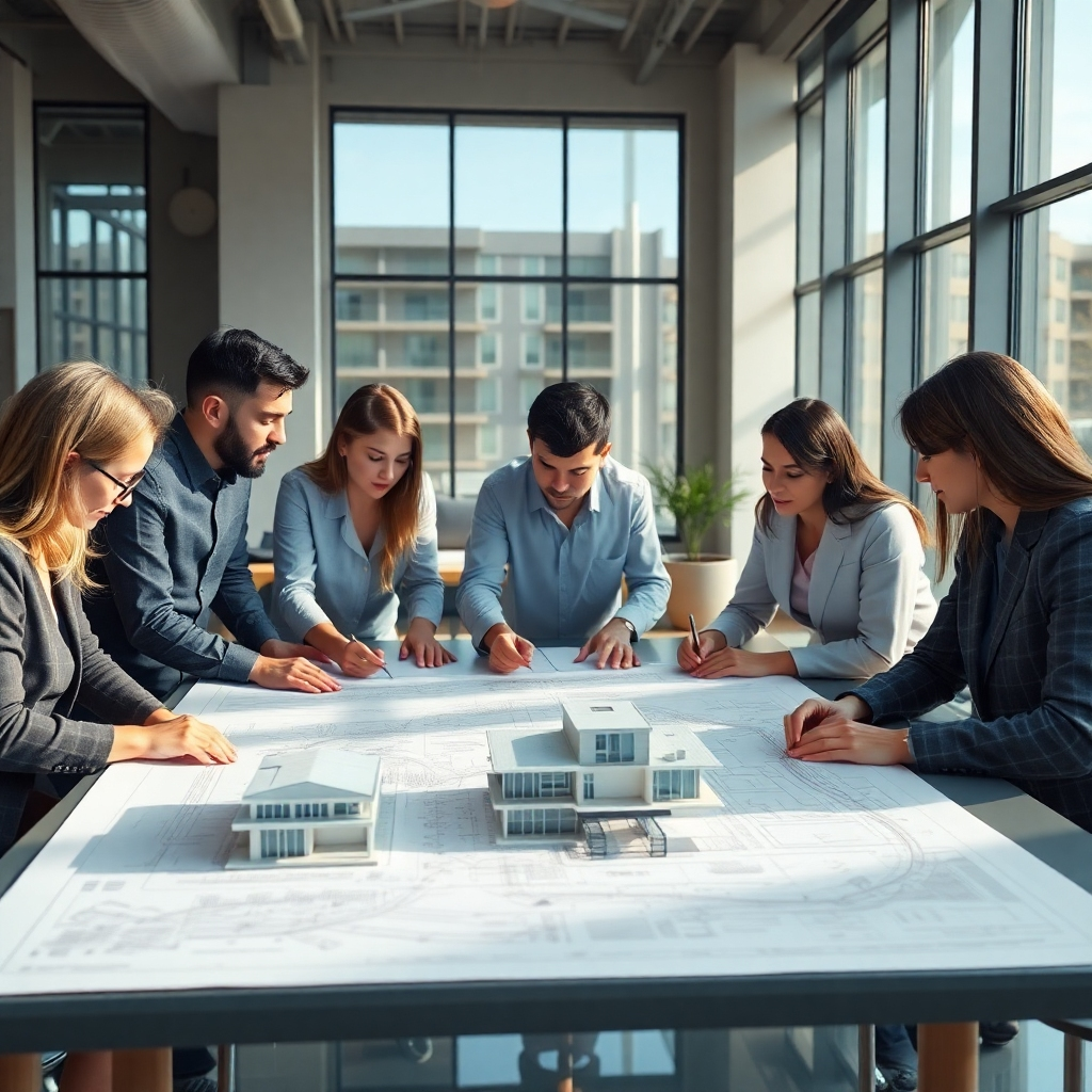 A photorealistic image of a team of architects and designers collaborating around a large table, reviewing detailed blueprints and 3D models of a modern residential building.  The scene should be bright and airy, with natural light streaming in, showcasing a sophisticated and collaborative work environment. High-resolution, detailed textures, and realistic lighting are crucial.