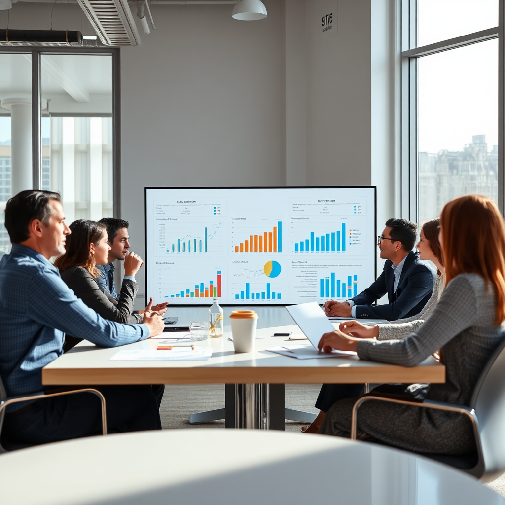 A photorealistic image of a team of consultants brainstorming around a table, analyzing charts and graphs on a large screen. The scene is set in a modern office with natural light streaming through the windows. The focus is on collaboration and strategic thinking.