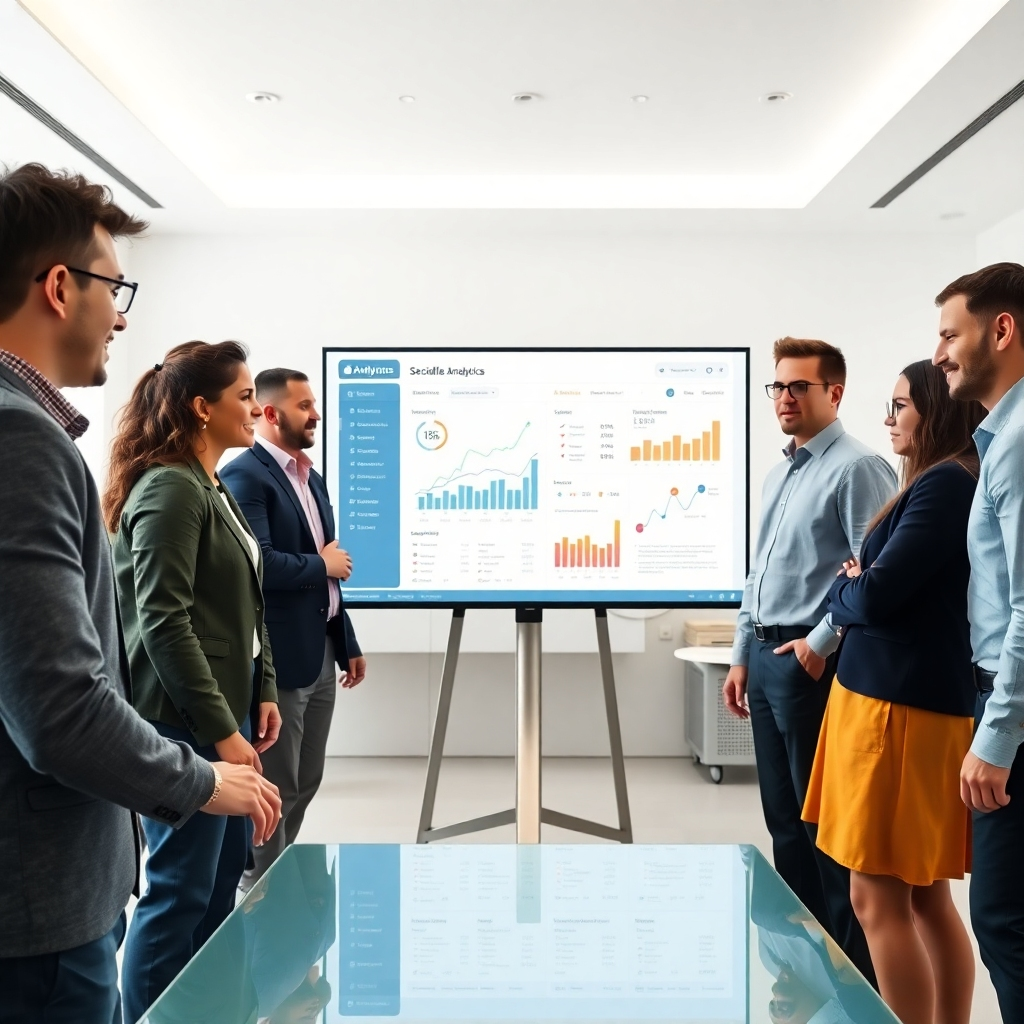 A photorealistic image of a team of diverse professionals in a modern office, huddled around a large screen displaying social media analytics dashboards.  The room is bright and airy, with a sleek, minimalist design. The expressions on their faces should show collaboration and excitement at the positive results displayed on the screen. The screen should show clearly rising graphs, positive metrics and key performance indicators. The overall mood should convey a sense of success and collaboration.