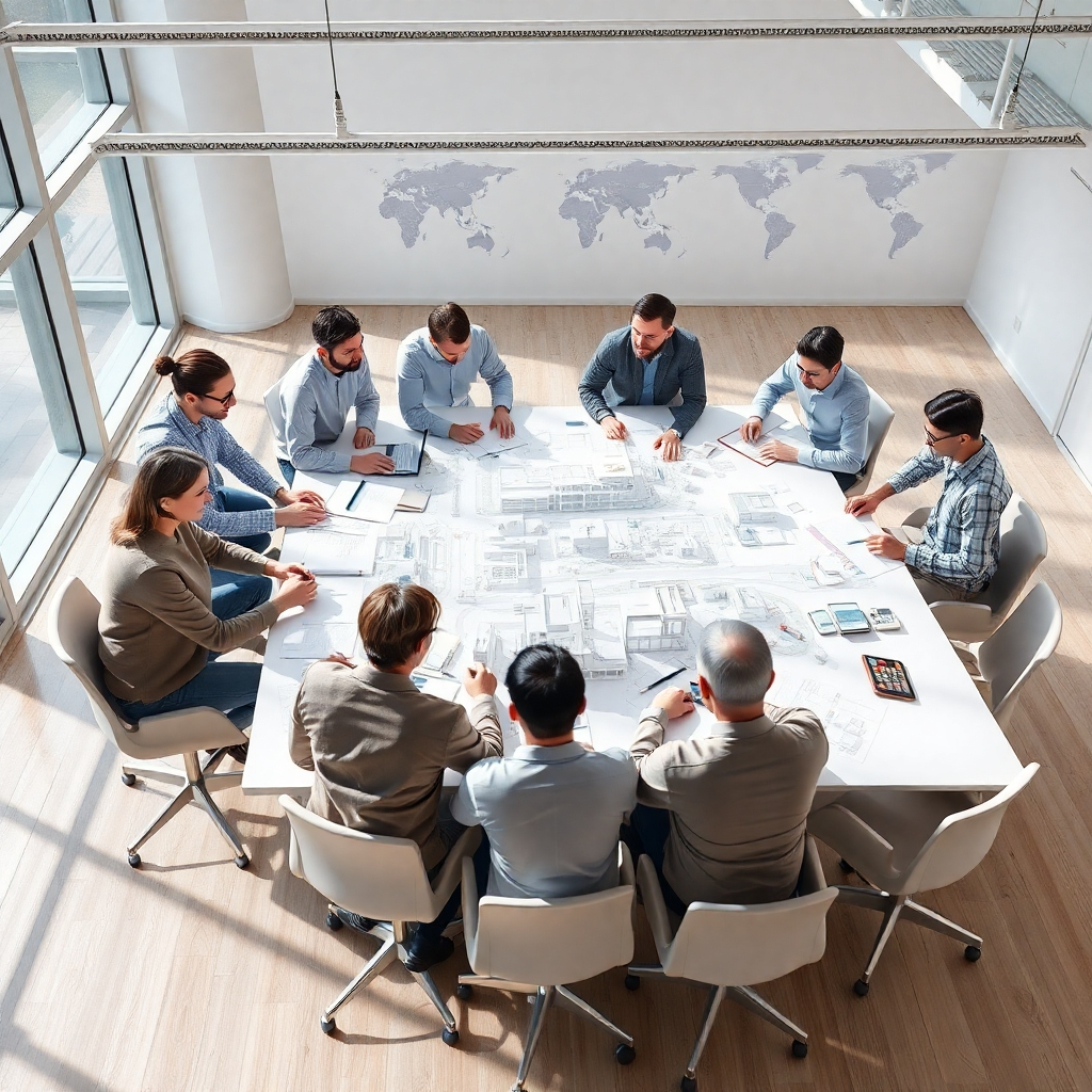 A photorealistic image of a team of architects and designers collaborating around a large table, blueprints and 3D models spread out, showcasing a modern, sustainable building design.  The scene should be bright, airy, and professional, emphasizing teamwork and innovation.