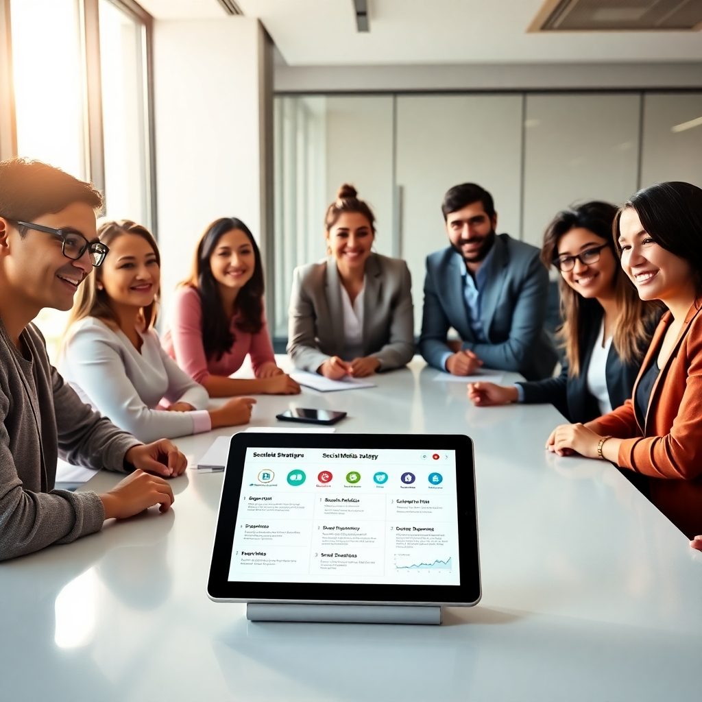  A photorealistic image of a team of diverse professionals in a modern office, collaborating around a large table displaying a social media strategy plan on a tablet. The scene should be bright and modern with natural light streaming through a large window. The team should be actively engaged in discussion, with positive body language. The tablet displays a visually appealing infographic with key social media metrics and a clear brand strategy outline.