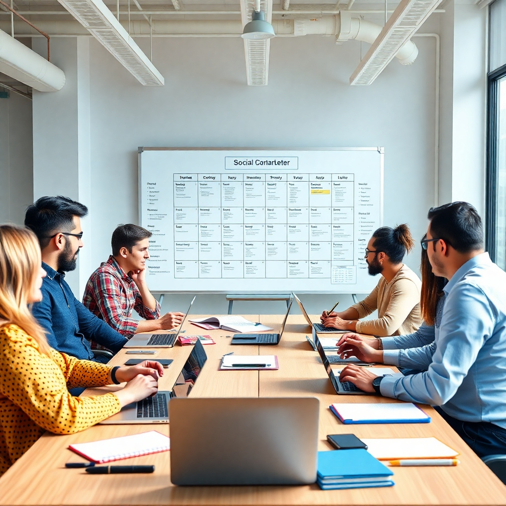 A photorealistic image of a team of diverse social media marketers brainstorming around a table filled with laptops, smartphones, and notebooks, with a large whiteboard displaying a social media content calendar and strategy map. The setting should be a modern, bright office with natural light.