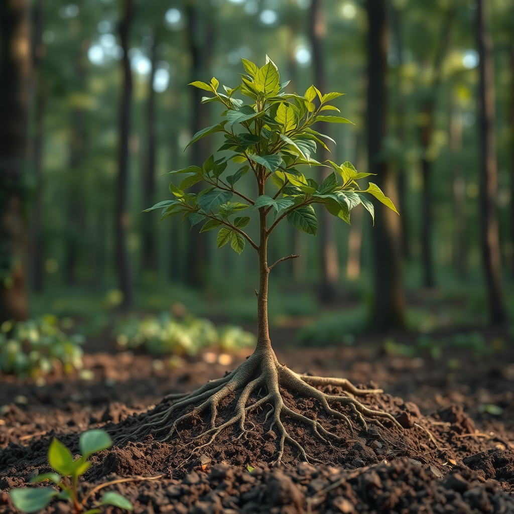 A photorealistic image of a tree growing strong roots in fertile soil, symbolizing sustainable growth and stability. The scene should be set in a lush forest, with a focus on natural growth and resilience.