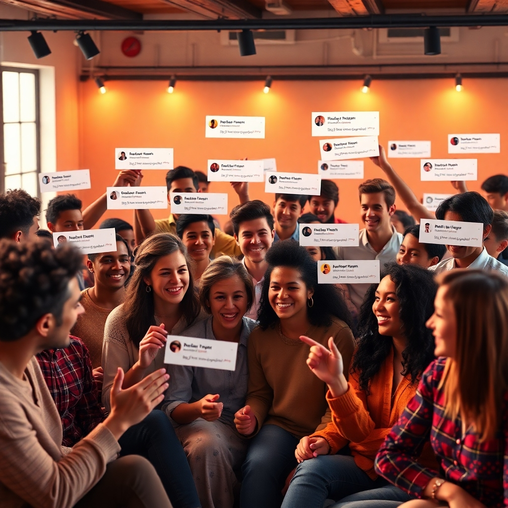 A photorealistic image of a vibrant and diverse online community interacting positively on a social media platform. Show comments, likes, shares, and positive interactions. The visual style should be warm, inviting, and emphasize genuine connection.