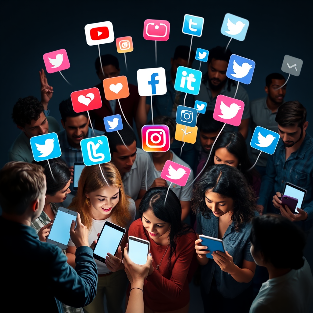 A photorealistic image of diverse people interacting with social media icons on their devices, symbolizing the power of social media to connect with audiences.