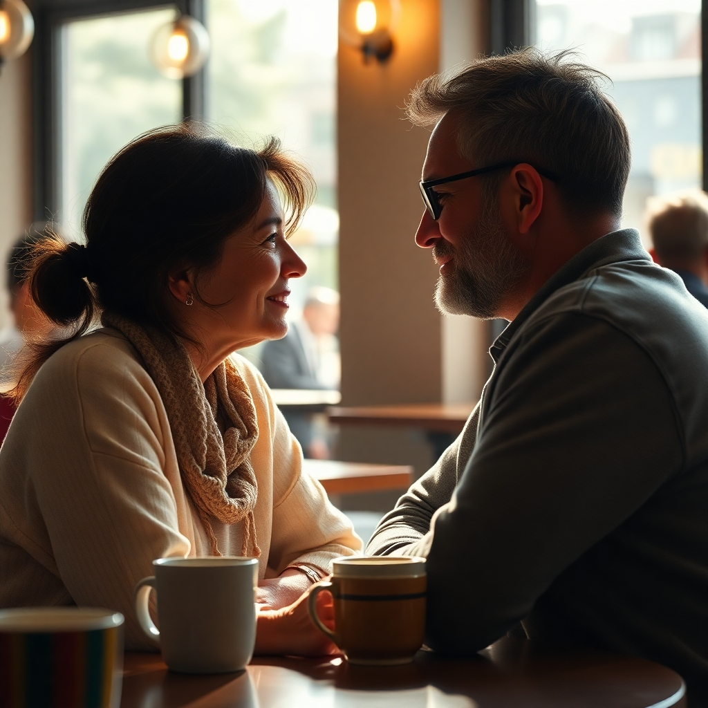 A photorealistic image of two people deeply engaged in a heartfelt conversation in a coffee shop setting, bathed in soft, natural light. Their body language should convey mutual respect and genuine interest.  The image should subtly hint at a spiritual connection, perhaps through a glimpse of a religious symbol or a shared expression of hope. The overall mood should be peaceful, intimate, and suggestive of a profound connection.