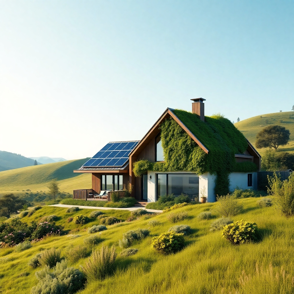 A photorealistic image, rendered in 8K resolution, showing a sustainable, energy-efficient modern home nestled in a lush green landscape. Soft, diffused daylight bathes the scene, creating a calm, serene atmosphere. The color palette consists primarily of natural tones, with greens, browns, and creams dominating. The Aphabet brand color (deep teal) is subtly incorporated into accents, like window frames or solar panels. The camera angle is slightly elevated, offering a picturesque view of the home and surrounding environment.  Focus on the textures of the materials used—the smooth, polished surface of solar panels, the rough texture of sustainably sourced wood, and the vibrant green of the living walls. The home should feature prominent sustainable design elements: solar panels, rainwater harvesting systems, and ample natural light. The landscaping should include diverse native plants and trees. The background features rolling green hills and a clear blue sky.  Style reference: the work of photographer Eric Laignel, focusing on his depiction of contemporary architecture and nature’s harmony. The image must highlight the integration of nature and technology within a sustainable environment, emphasizing Aphabet's expertise in eco-conscious construction. Include detailed features of the house to depict energy efficiency and sustainable materials.