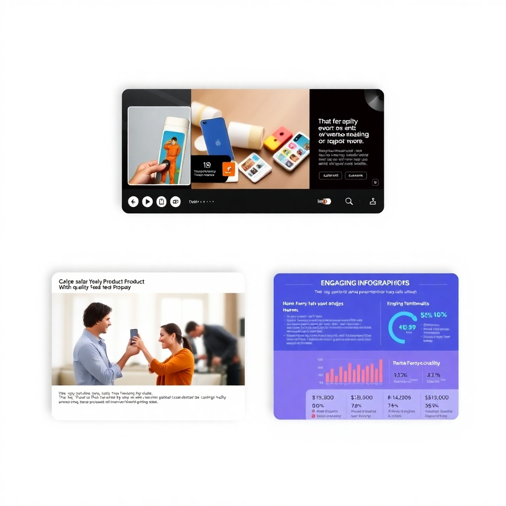  A photorealistic image showcasing a variety of engaging social media content; a carousel post with high-quality product photography, a short-form video with dynamic editing and upbeat music showcasing customer testimonials, and an engaging infographic with easily digestible data. Each element should be visually striking and polished, consistent with a professional brand image. The background should be subtle and not distract from the content itself.