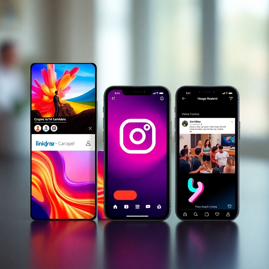 A photorealistic image showcasing a variety of high-quality social media posts; a captivating video ad, an aesthetically pleasing Instagram carousel, a thought-provoking LinkedIn post, and an engaging TikTok video.  Each post should clearly reflect different styles and platforms but maintain brand consistency.  The background should be subtly blurred, focusing the viewer's attention on the vibrant and diverse content.