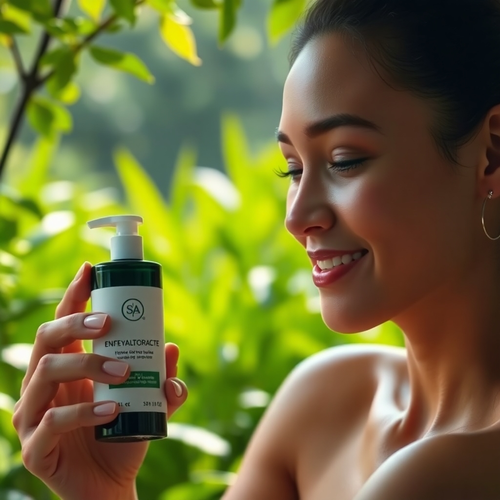 A photorealistic image showing a person applying a cream or lotion made from natural ingredients.  The image should showcase lush greenery in the background and the product packaging should be made of recycled materials. The overall style evokes a sense of sustainability and natural beauty. Focus on the person's healthy and radiant skin.