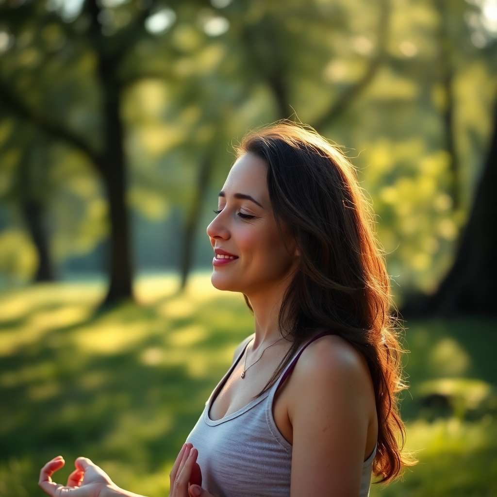 A serene, photorealistic image depicting a woman practicing yoga or meditation outdoors in a peaceful natural setting.  She should appear relaxed and centered, with a gentle smile.  Soft, diffused sunlight filters through the trees, creating a calming atmosphere.  The focus should be on her peaceful expression and the natural environment, conveying a sense of tranquility and inner peace.