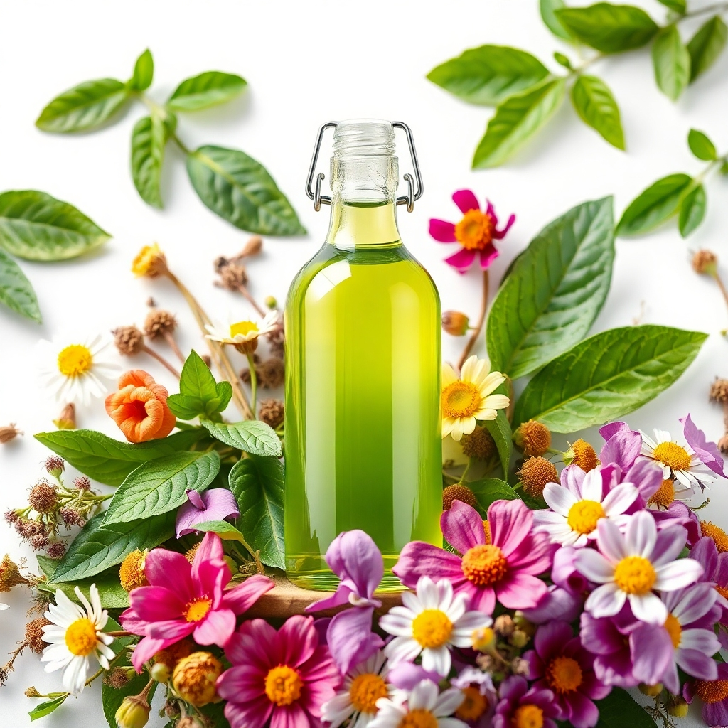 A studio shot, high-resolution photorealistic image focusing on a variety of fresh, vibrant botanicals; green tea leaves, chamomile flowers, and other recognizable herbs and flowers. A glass bottle filled with a clear, green-tinged liquid (botanical extract) sits in the center, surrounded by the botanicals.  The background is a clean white, emphasizing the vibrant colors of the ingredients. The overall style is clean, modern, and elegant.