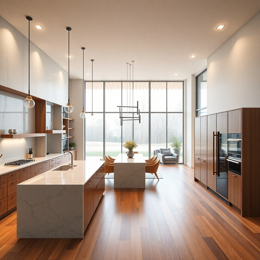 A stunning photorealistic image of a nearly completed modern luxury home, showcasing impeccable craftsmanship.  Focus on details like precise joinery, high-end finishes (e.g., marble countertops, hardwood floors), and clean lines. The image should be brightly lit, showcasing the quality of materials and workmanship.