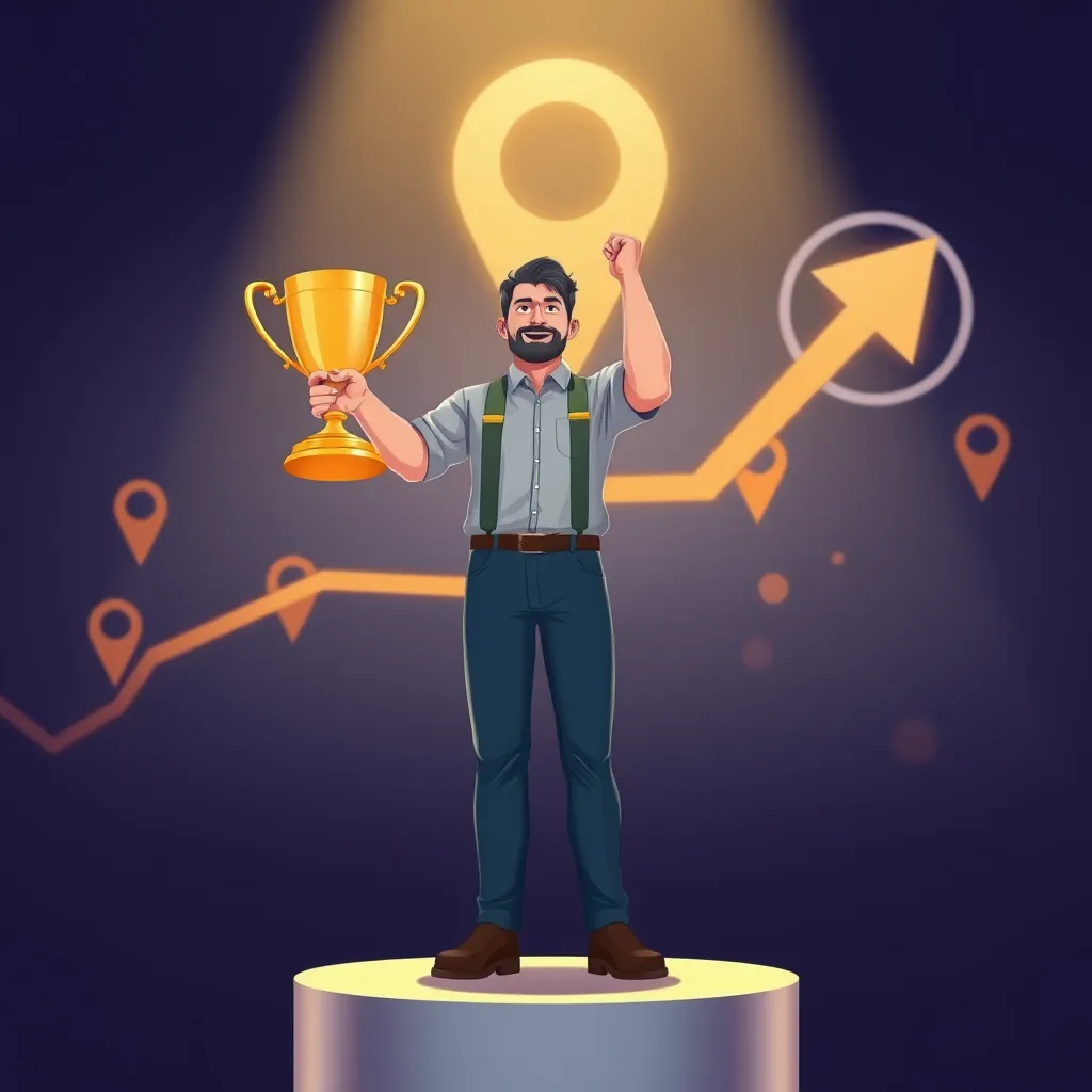 A stylized illustration of a business owner standing on a podium, holding a trophy shaped like a rising arrow, representing their increased visibility in local search results. In the background, a map with highlighted pins representing their business location and a phone icon, symbolizing increased calls and online inquiries.