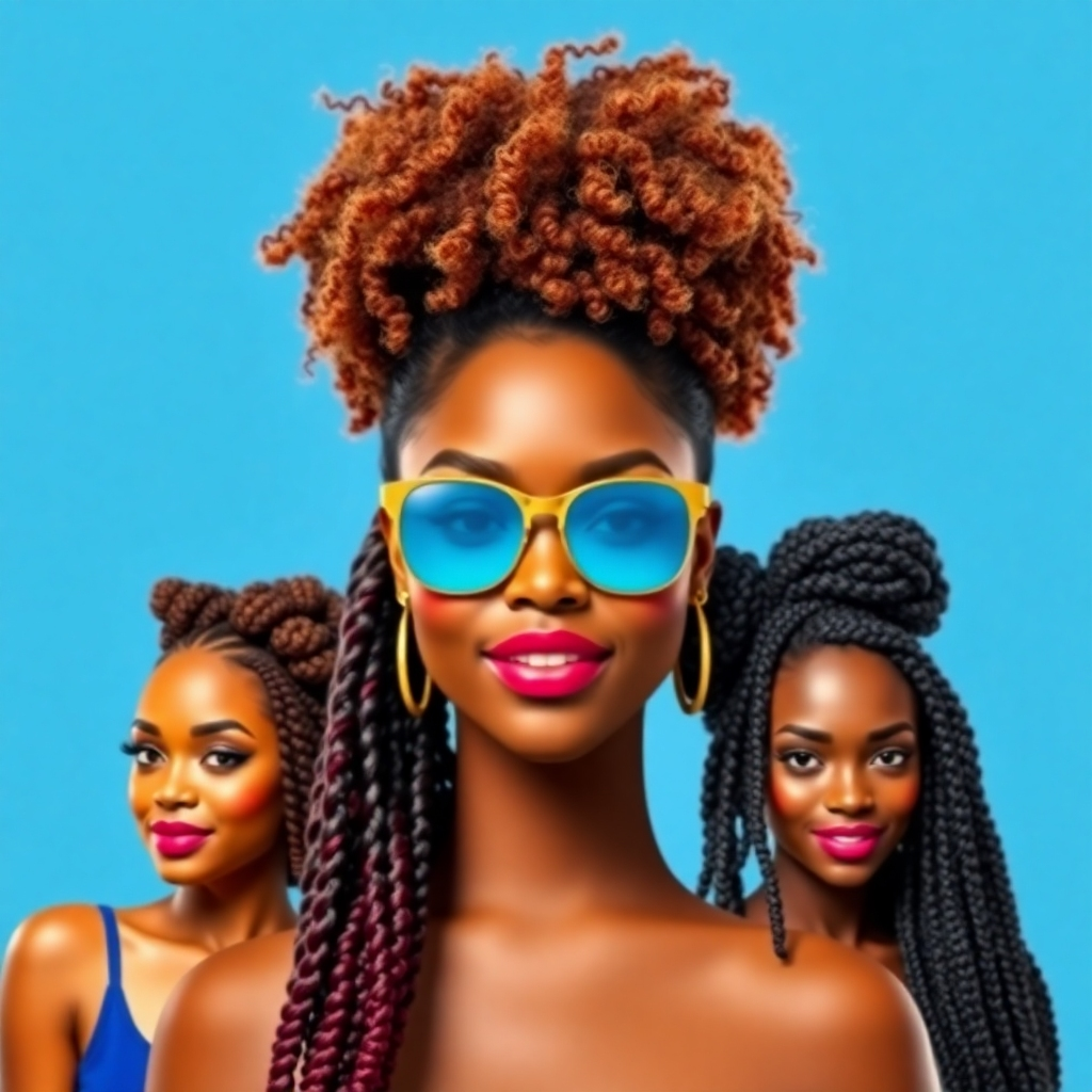 A stylized image of a woman with different natural hairstyles - afro, braids, twists - created with PhilGlamour products. The overall style should be vibrant and fun, with a diverse range of hairstyles. The image should be high-resolution (4K), with a focus on texture and shine.